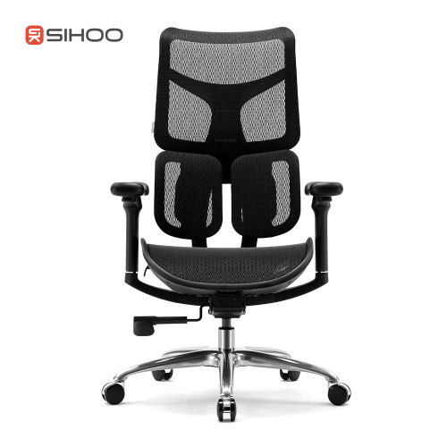 Front view of black Sihoo S100 ergonomic office chair featuring dual lumbar support and adjustable armrests