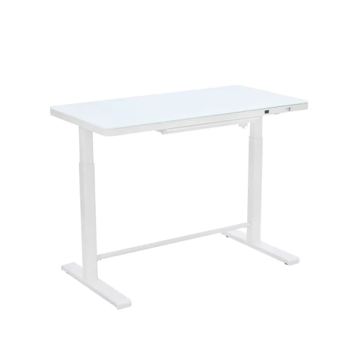 White Rise Up Glass electric standing desk with tempered glass desktop, built-in storage drawer, memory keypad, and electric height adjustment.