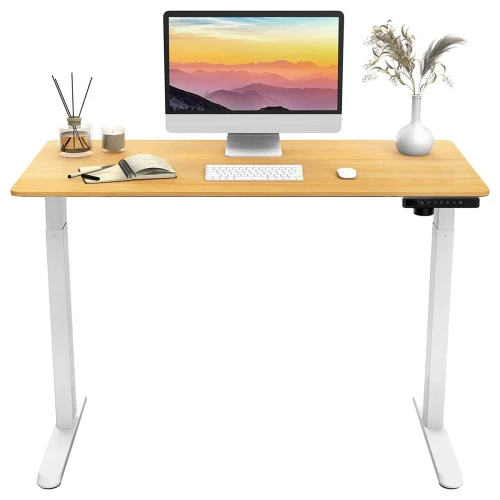 Rise Up Essential electric standing desk with spacious 47-inch maple desktop and adjustable height frame.