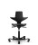 Front view of a black ergonomic saddle stool chair with split saddle seat, backrest, and wheeled base