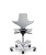 Front view of a light grey ergonomic saddle stool chair with split saddle seat, backrest, circular foot ring, and wheeled base