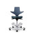 ergonomic office chair with a contoured backrest, padded teal seat, adjustable height mechanism, circular footrest ring, and five-wheel white base