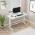 Rise Up Glass electric standing desk with tempered glass top in a modern home office featuring a white sit-stand desk with built-in drawer.
