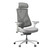 Ergonomic office chair with light gray upholstered seat, gray mesh back, adjustable headrest, lumbar support, white frame, adjustable armrests, and polished aluminum base.