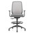 Gray Konfurb AX drafting chair, front view showing mesh backrest, armrests and black foot ring