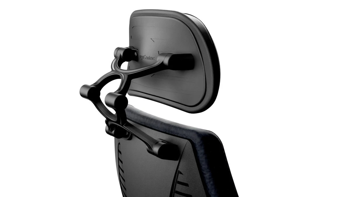 Rear close-up of the ergoCentric airCentric 2 adjustable headrest and pivoting support brackets.
