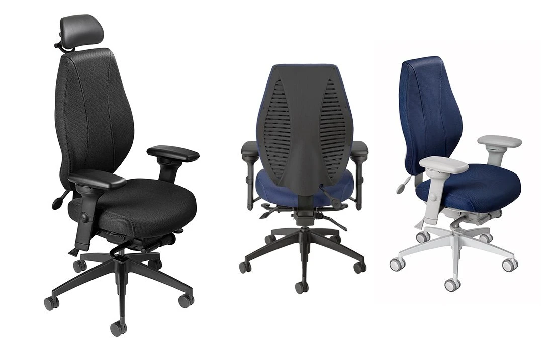 ergoCentric airCentric 2 configuration examples showing a black chair with headrest, a vented rear backrest and blue upholstery with a light gray frame.