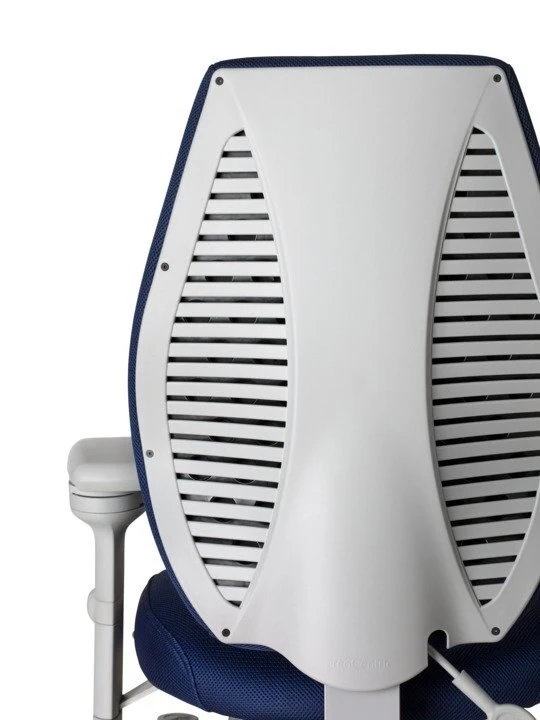 Close-up of the light gray ergoCentric airCentric 2 rear back cap with ventilation slots and blue upholstery.