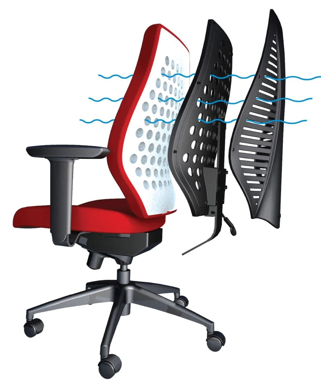 Exploded illustration of an ergoCentric airCentric chair back showing perforated cushion layers, a vented rear shell and blue airflow lines.