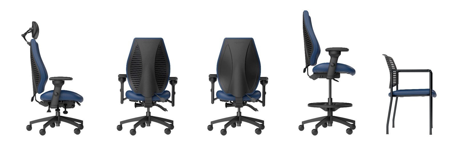 ergoCentric airCentric seating lineup showing a headrest chair, vented and solid back chairs, a drafting stool and a side chair.