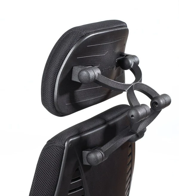 Rear detail of the ergoCentric adjustable headrest showing its articulated support and pivot points.