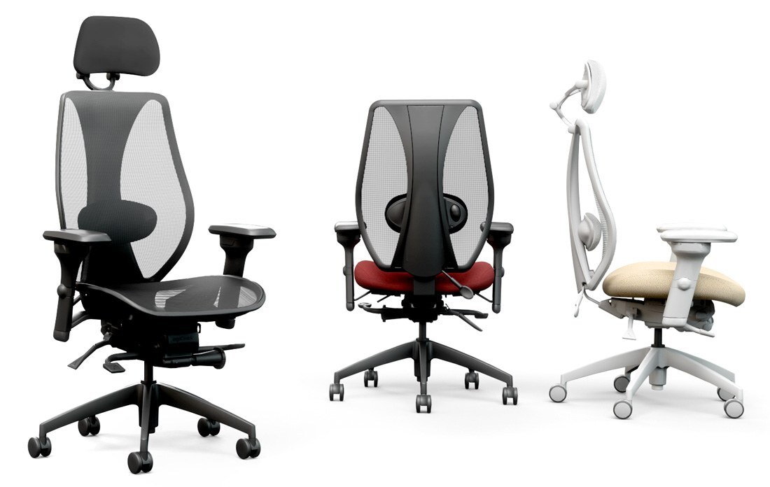 ergoCentric tCentric Hybrid seating examples showing black and light gray frames, mesh backrests, and mesh or upholstered seats.