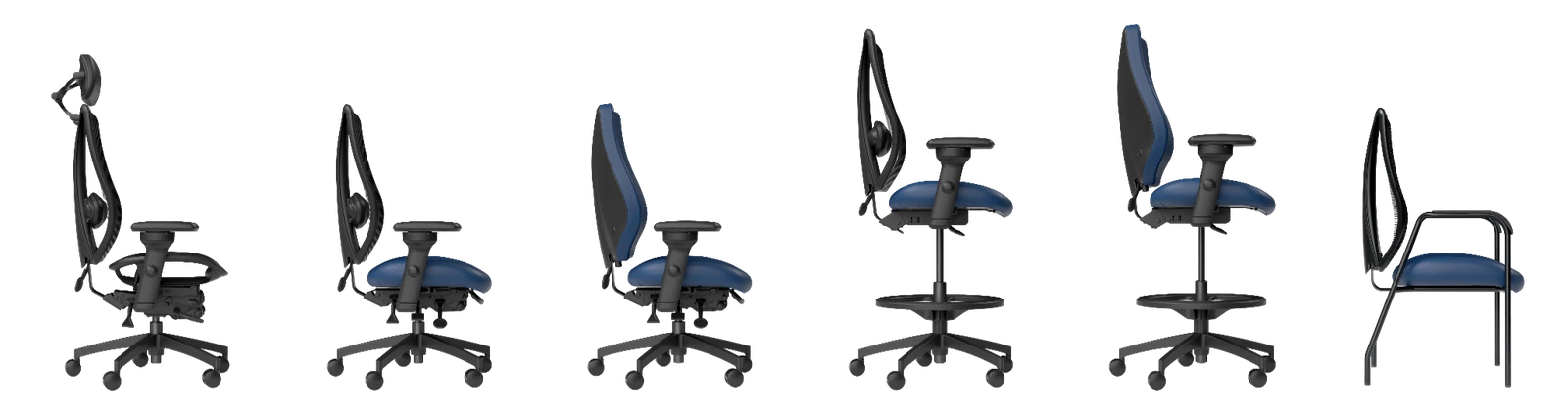 Side views of ergoCentric tCentric seating configurations, including task chairs, counter-height stools, and a guest chair.