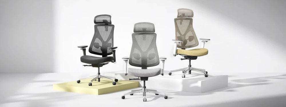 Black, gray and khaki Hinomi D3 ergonomic office chairs with included headrests