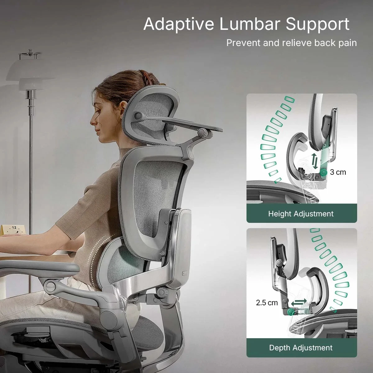 Hinomi H2 Pro adaptive lumbar support height and depth adjustment