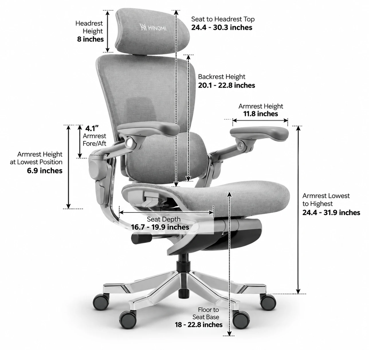 Hinomi H2 Pro side view chair dimensions and adjustment ranges