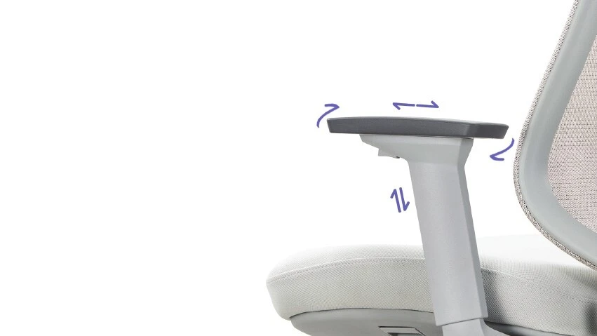 Gray Hinomi Nest armrest with arrows showing height, depth, and pivot adjustments