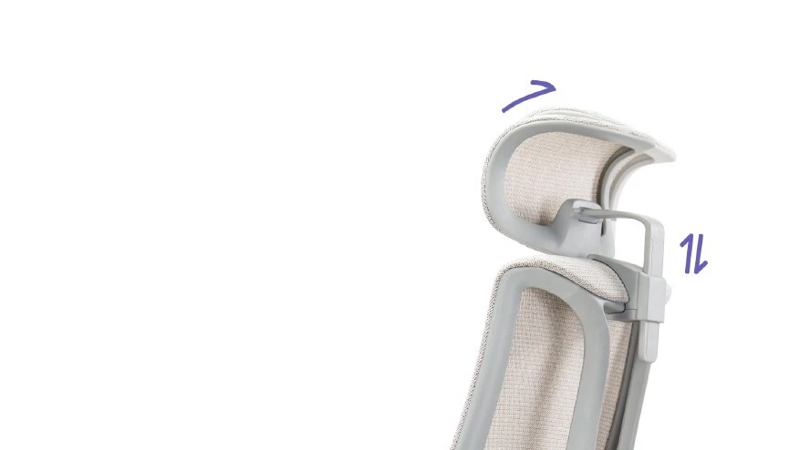 Gray Hinomi Nest headrest with arrows showing height and angle adjustments