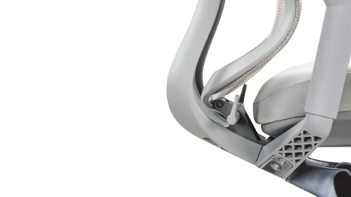 Close-up of the gray Hinomi Nest lower backrest and lumbar support structure