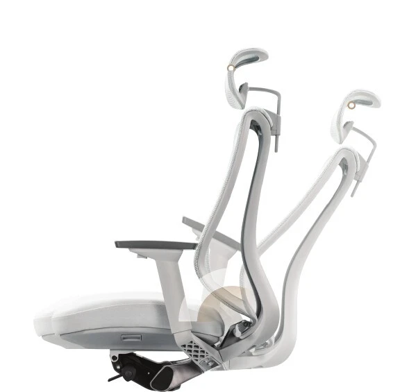 Side view of gray Hinomi Nest chairs in upright and reclined positions