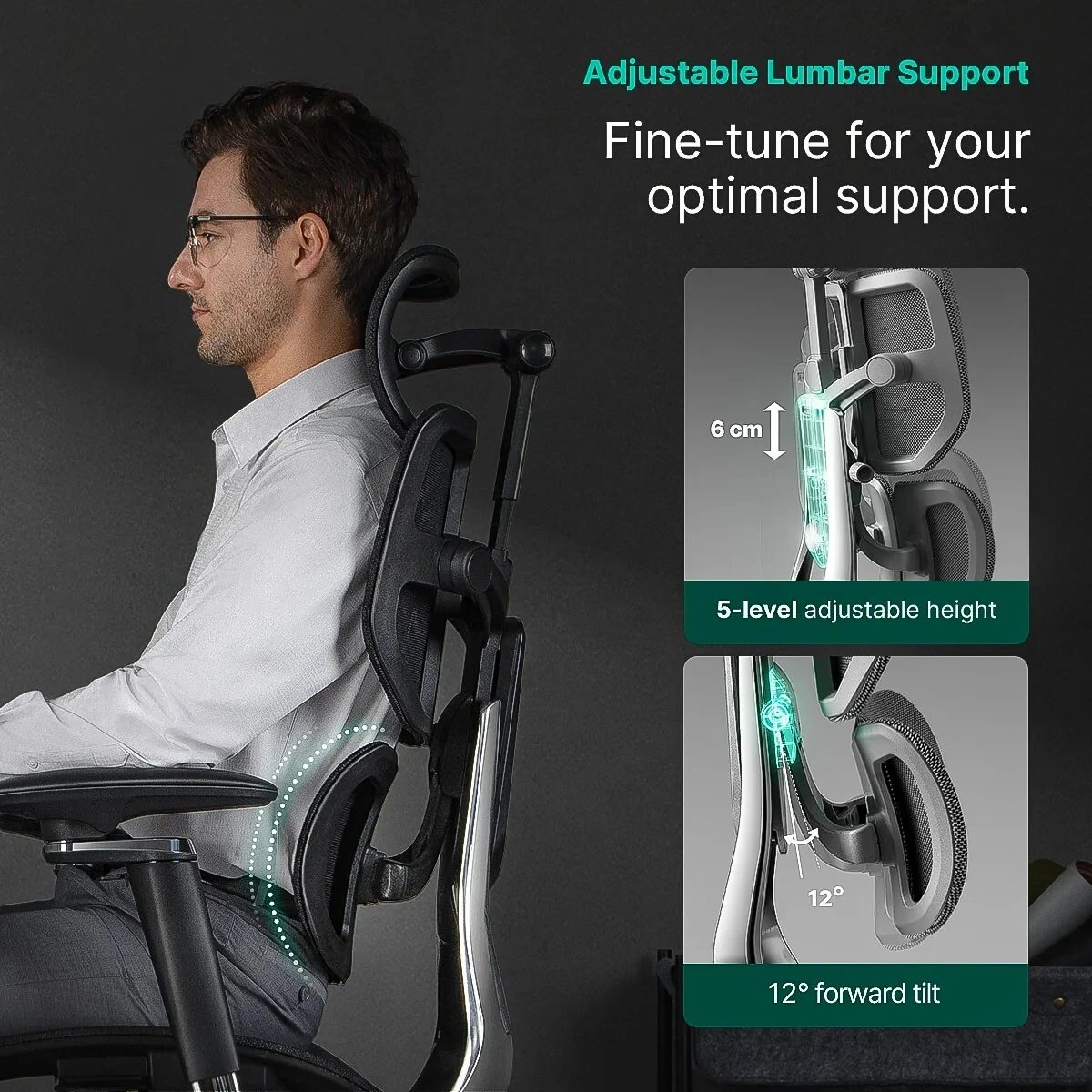 Hinomi X2 Pro adjustable lumbar support with independent positioning behind the lower back