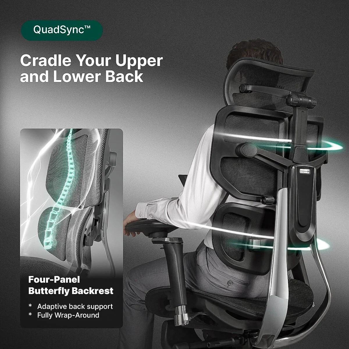 Hinomi X2 Pro four-panel butterfly-style ergonomic backrest supporting upper and lower back regions