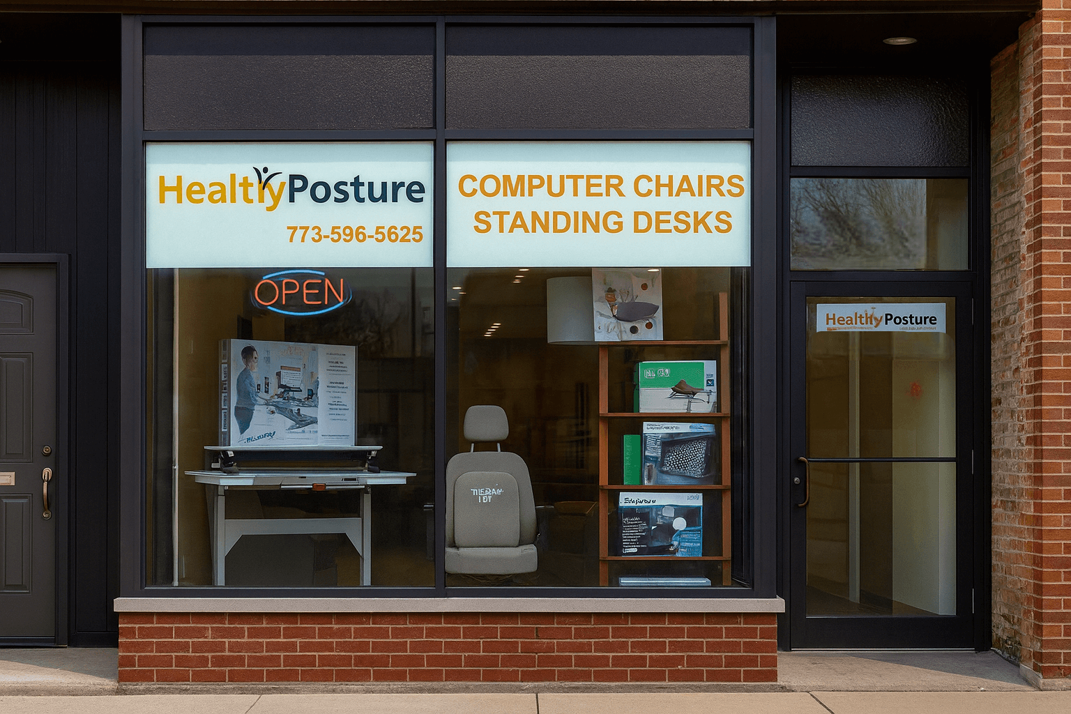 Chicago Local ergonomic furniture showroom displaying work chairs, executive seating,standing  and workspace accessories for healthy posture solutions.