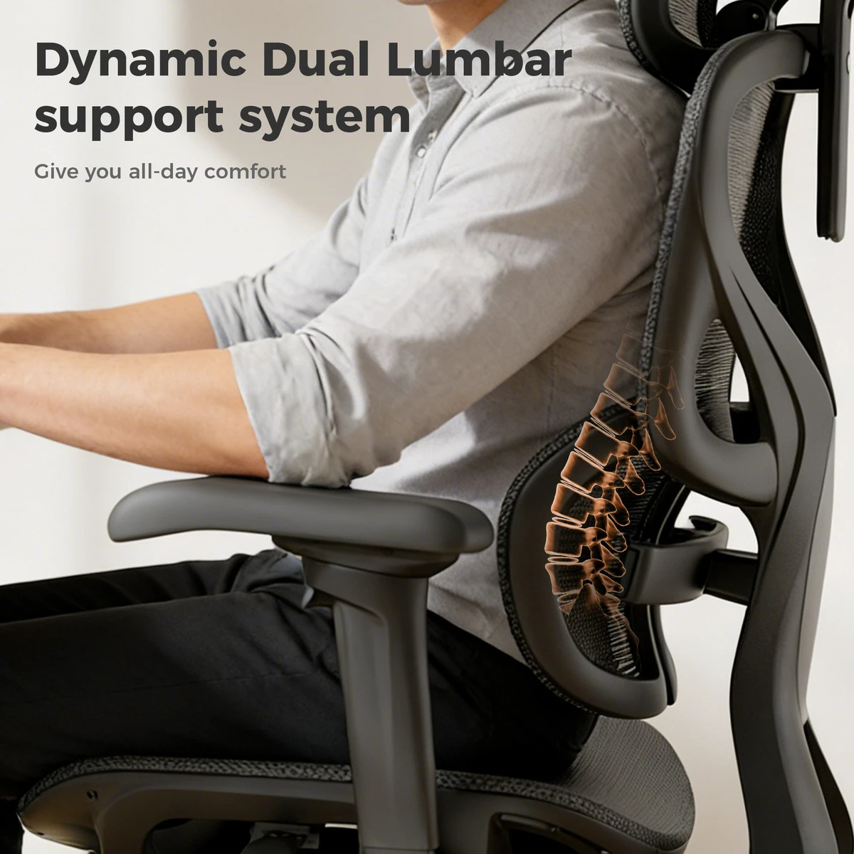 Seated person using the black OTO Ergo Zenpex chair with an illustration of its dual lumbar support
