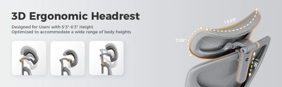 Gray OTO Ergo Zenpex mesh headrest with illustrations of height and angle adjustment