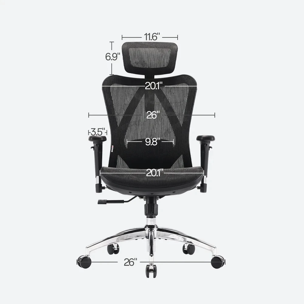 Front-view SIHOO M57 dimension diagram showing seat, headrest and base widths