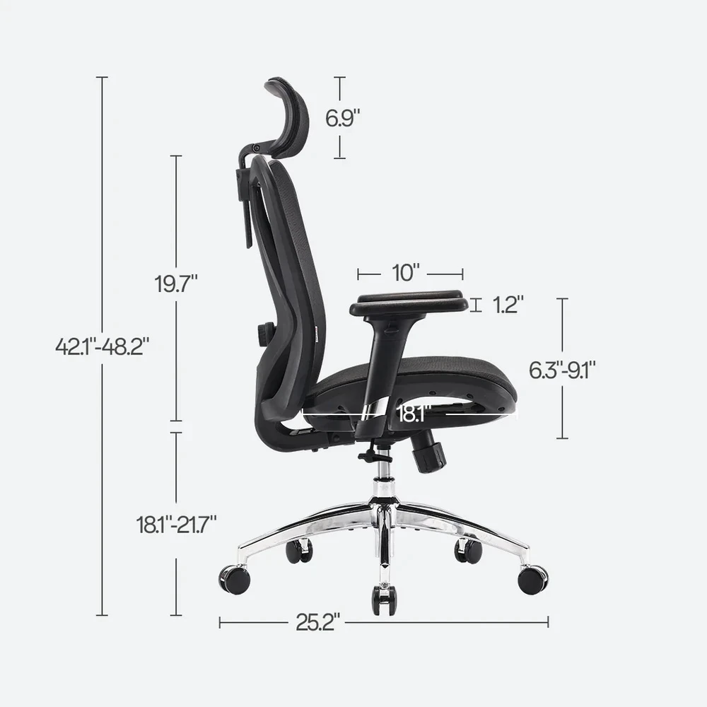 Side-view SIHOO M57 dimension diagram showing seat height, seat depth and arm height