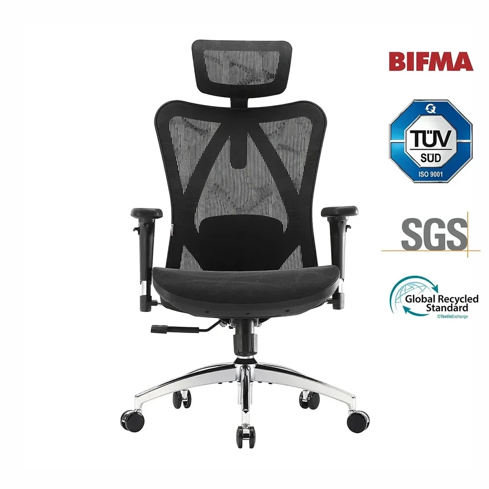 SIHOO M57 chair beside manufacturer-supplied BIFMA, TÜV SÜD ISO 9001, SGS and Global Recycled Standard logos