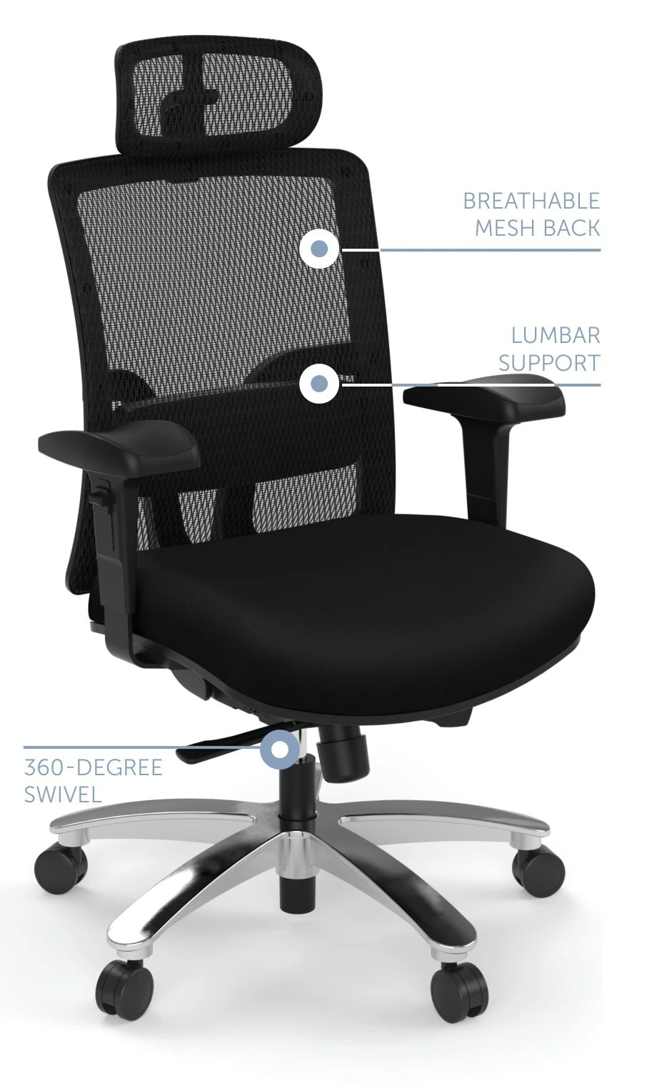 Trillian 7326 chair feature diagram highlighting breathable mesh back, lumbar support and 360-degree swivel