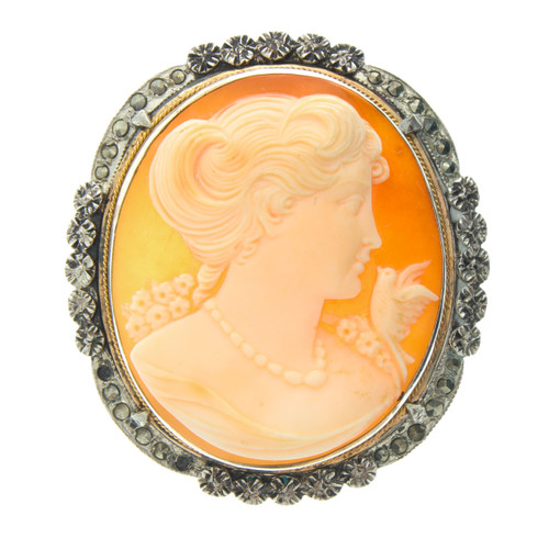 Vintage Sterling Marcasite Cameo Bird Pin Brooch Pendant
