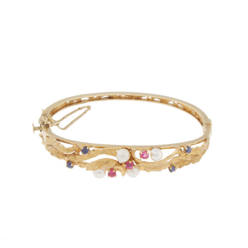 Vtg 14k Gold Patriotic Ruby Sapphire Pearl Bangle Bracelet JACK GUTSCHNEIDER