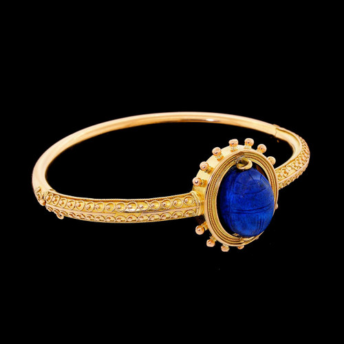 Vintage Etruscan Revival 15ct Gold Bangle Bracelet with Spinning Lapis Scarab Vintage Etruscan Revival 15ct Gold Bangle Bracelet with Spinning Lapis Scarab