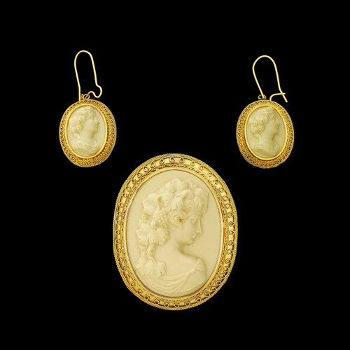Etruscan Revival Victorian 14k Gold Lava Cameo Brooch and Earrings circa 1875 Etruscan Revival Victorian 14k Gold Lava Cameo Brooch and Earrings circa 1875