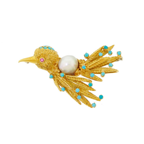 Vintage 18k Gold Persian Turquoise Pearl Bird In Flight Pin Brooch 19.6G Quality