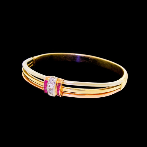 Vtg 14k Tri Gold Diamond Red Ruby Bangle Bracelet 7" Classic & Classy 15.1 Gr Vtg 14k Tri Gold Diamond Red Ruby Bangle Bracelet 7" Classic & Classy 15.1 Gr