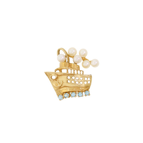 Vintage. 14k Yellow Gold Cruise Ship With Pearls And Blue Topaz Charm Vintage. 14k Yellow Gold Cruise Ship With Pearls And Blue Topaz Charm