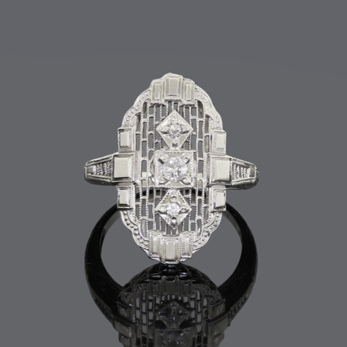Vtg Art Deco 14k White Gold Elegant 3 Diamond Filigree Small Ring Size 5.75
