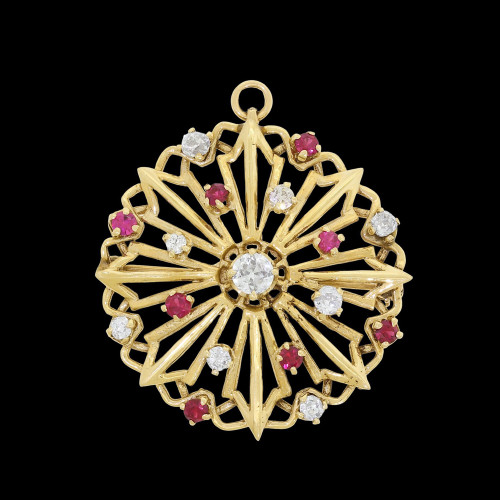 Vintage 14K Gold Synthetic Rubies & 0.94CT Diamonds Circle Brooch