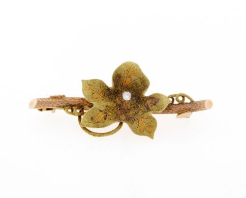 Victorian Rose & Yellow Gold Old Mine Diamond Accented Leaf & Branch Brooch~14k