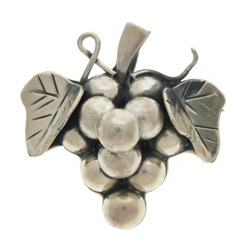 Vintage Taxco Mexico Sterling Silver Grape & Leaf Brooch Pin