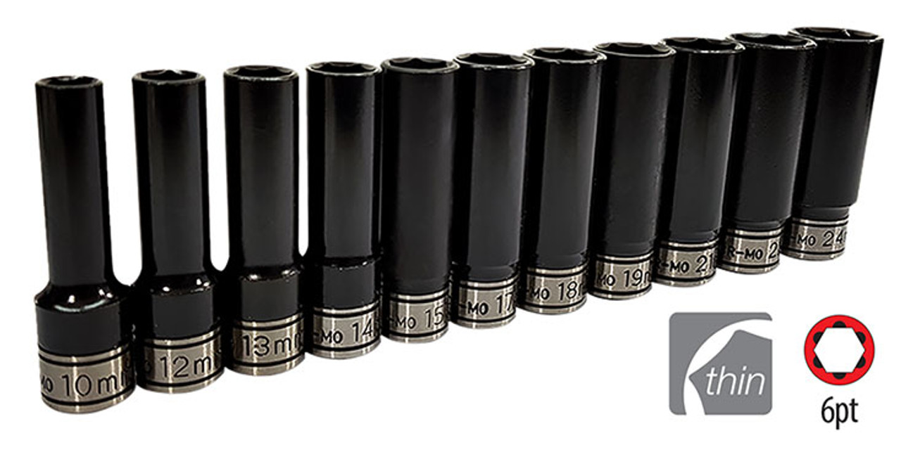 Thin wall deep clearance impact socket set