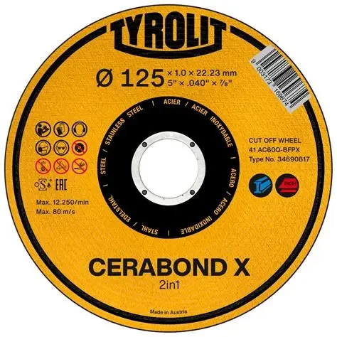 TYROLIT CERABOND X 125mm(5")x1.0mm Steel/Stainless Steel Cutting Disc 34690817