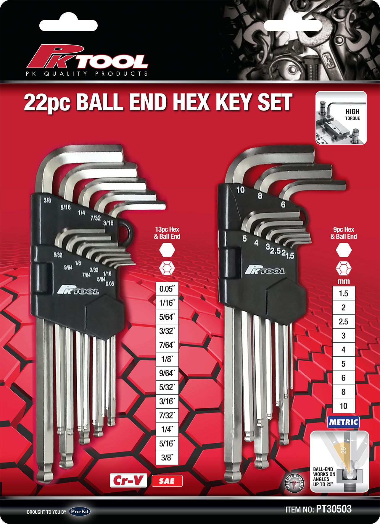 22pc Ball End Hex key set Met & SAE PT30503 Robson's Tool King Store