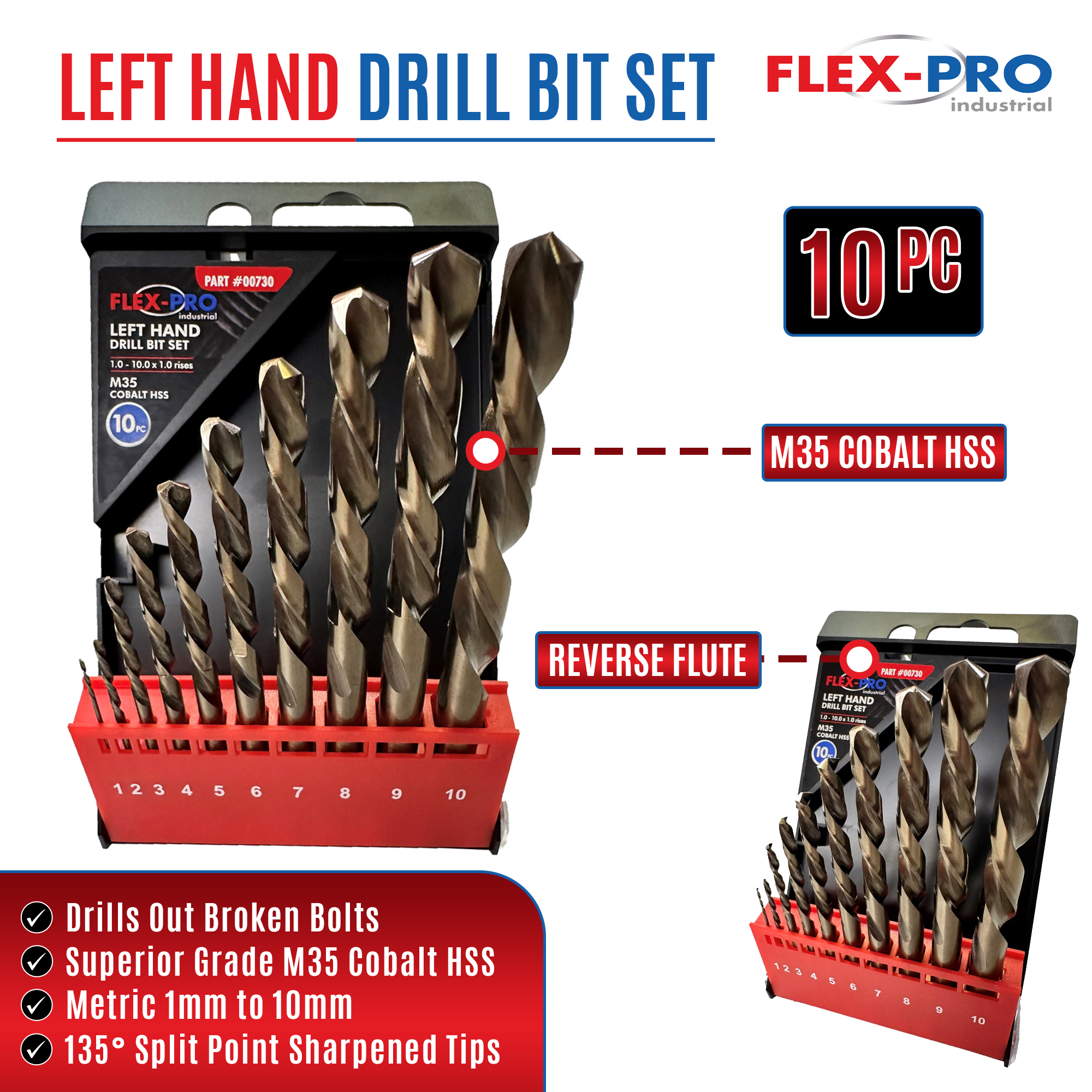 FLEXPRO 10pc Left Hand Cobalt HSS Drill Bit Set 00730 - Robson's Tool ...