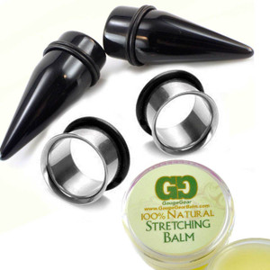 pair acrylic tapers with stainless steel tunnels with gauge gear balm