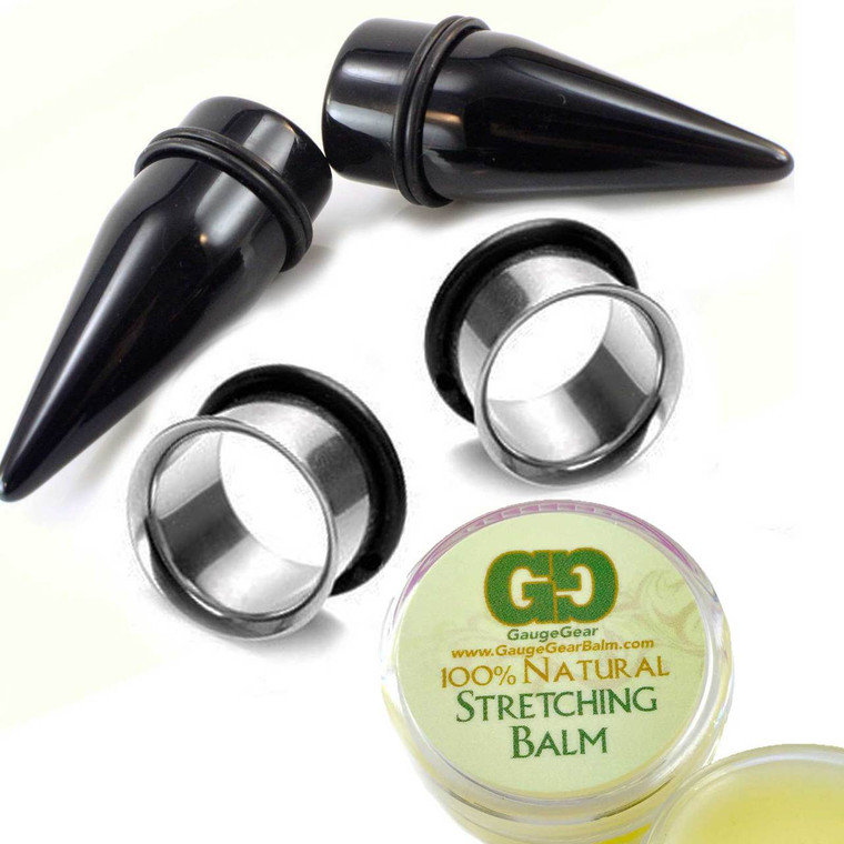 pair acrylic tapers with stainless steel tunnels with gauge gear balm